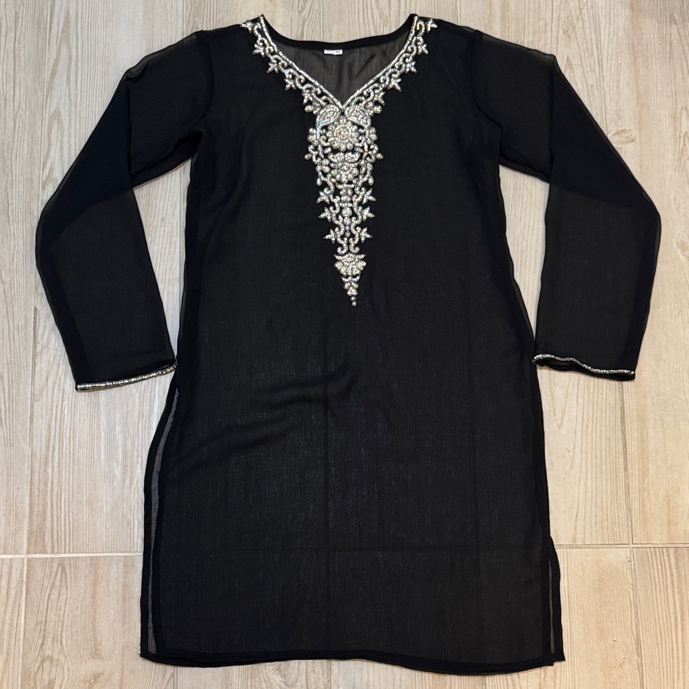 Black Silk Bejeweled Sheer Indo Kurta Tunic Size 40 Medium